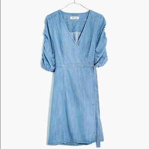 Denim Shirred-Sleeve Wrap Dress NWT XS